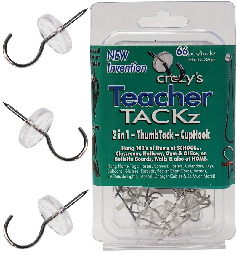 CraZy TACKz TEACHER TACKz 66 tacks - School Supplies for Teacher's Class Room - 2 in 1 push pin hook - thumb tack hook - Banners Signs Word Wall Cards Name Letter Fact Family Flash Matching Number Pocket Spelling - Image 1